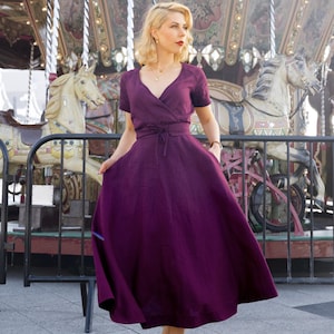 Classic Linen Dress for Women with Obi Belt and Pockets, Purple Linen Dress, Summer Midi Dress, Summer Wrap Linen Dress, Elegant Linen Dress