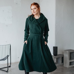 Stylish Wool Coat with Hood, Green Winter Coat for Women, Classic Midi Coat, Princess Coat, Fit and Flare Overcoat, Winter Wool Clothing