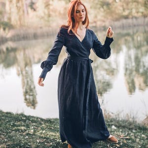 Gothic Dress, Navy Linen Maxi Dress, Womens Spring Linen