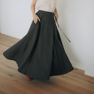 Heavyweight Linen Wrap Maxi Skirt, Ankle Length, Pockets