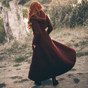 Wool Coat with Hood and Pockets, Burgundy Coat for Women, Boho Winter Coat, Maxi Coat, Plus Size Coat, Hooded Winter Coat,Vintage Style Coat