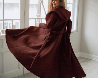 SOFORT LIEFERBAR, Wolle Maxi Strickjacke Mantel - Kapuze, Gürtel, mit Taschen, Herbst-Winter-Kleidung