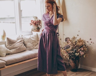 Linen Midi Wrap Dress with Pockets, Bohemian Dress, Plus Size Clothing, Wedding Guest Fit and Flare Dress, Amethyst Summer Linen Dress