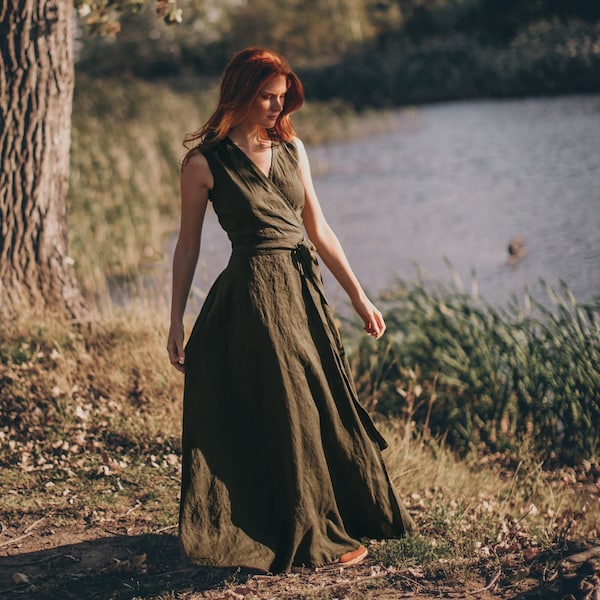 Wickelleinenkleid, Leinen-Maxikleid, Leinen-Sommerkleid, gewaschenes Leinenkleid, langes Leinenkleid mit Taschen, Leinenkleidung, Boho-Maxikleid