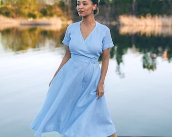 Midi Length Linen Wrap Dress, XS / Light Blue