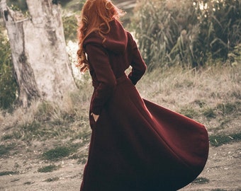 Wool Coat with Hood and Pockets, Burgundy Coat for Women, Boho Winter Coat, Maxi Coat, Plus Size Coat, Hooded Winter Coat,Vintage Style Coat