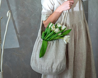 Bolso tote de lino natural, bolso de hombro de lino, bolso de compras de lino, bolso tote con cordón, bolso bohemio de lino, bolso de lino minimalista, bolso tote de lino para mujer
