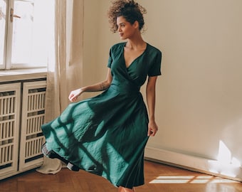 Robe en lin vert foncé avec ceinture et poches, Robe en lin classique pour femme, Robe midi d'été, Robe en lin simple grande taille, Robe en lin élégante