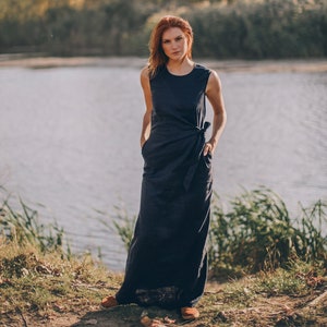 Linen Maxi Dress with Pockets, Navy Blue Dress, Sleeveless Linen Dress, Summer Linen Dress, Long Linen Dress, Plus size Linen Clothes