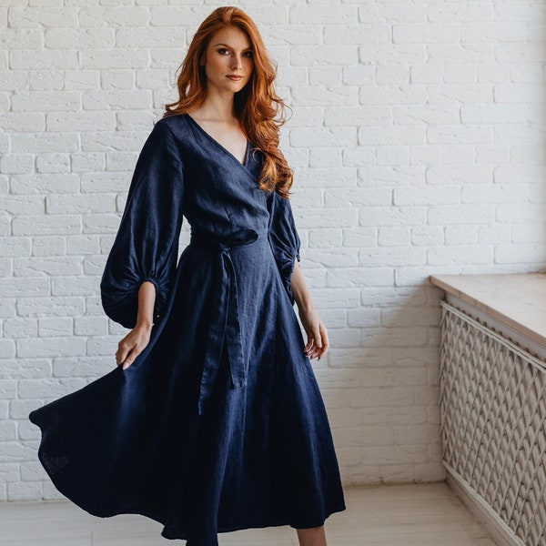 Ready to Ship Puff Sleeve Heavyweight Linen Dress, Wrap Design, Fall Clothing,