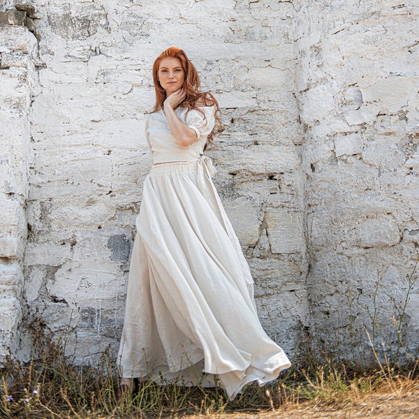 Long Linen Skirt for Women, Full Circle Maxi Skirt with Pockets and Elastic Waist