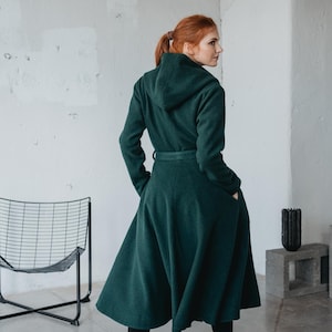 Feminine Wool Coat with Hood and Belt, Classic Midi Coat, Winter Coat for Women, Wool Princess Coat, Fit and Flare Overcoat, Winter Clothing