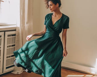 Deep Green Linen Dress, Midi Length, Elastic Waist, Obi Belt, Boho Clothing