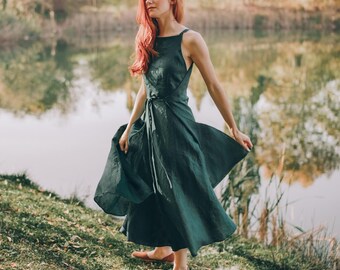 Linen Multiway Midi Dress With Pockets, Green Summer Sundress : DAPHNE -  Etsy