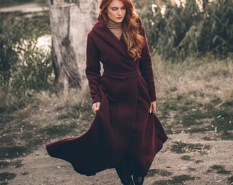Handmade Merino Wool Fit and Flare Hooded Coat - Belted Coat, Winter Outerwear