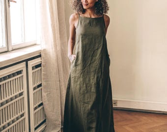 Linen Maxi Dress - Simple Linen Dress - Linen Spaghetti Strap Dress - Plus Size Clothing - Linen Dress Women - Linen Clothing - Khaki Dress, XS / Deep