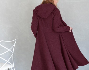 Abrigo con capucha de lana merino burdeos, listo para enviar, abrigo de invierno para mujer.