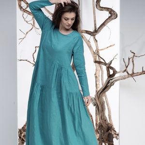 READY TO SHIP, Last piece Size S, Blue Green Linen Maxi Dress, Kaftan Dress, Plus Size Clothing, Loose Dress, Linen Clothing, Boho Dress