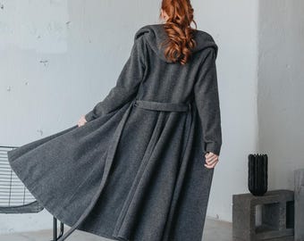 Prinsessenjas van merinowol met capuchon - grijze fit & flare-winterjas