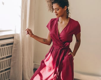 Burgundy Linen Wrap Dress, Midi Summer Dress with Pockets