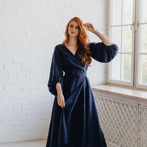 Blue Linen Dress, Wedding Dress, Girdle Linen Dress, Maxi