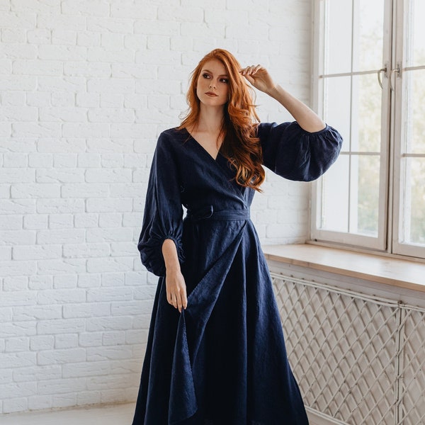 Linen Wrap Dress with Puff Sleeves and Pockets, Heavyweight Linen Midi Dress, Linen Womens Clothing, Victorian Dress, Blue Linen Maxi Dress