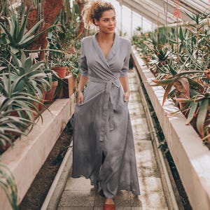 Shall Collar Linen Dress, Maxi Wrap Linen Dress, Summer Linen Dress, Gray Linen Maxi Dress, Plus Size Wrap Dress, Boho Plus Size Linen Dress