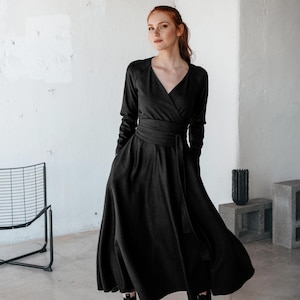 Wool Wrap Dress, Winter Dress for Women, Black Winter Wool Dress, Warm Maxi Dress, Fit and Flare  Wool Dress, Formal Dress, Wool Clothing