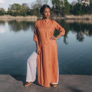Orange Linen Maxi Tunic Dress: Boho Summer Top, Linen Cover up