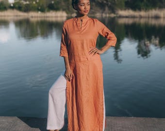 Orange Leinen Maxi Tunika Kleid: Boho Sommer Top, Leinen Überzieher