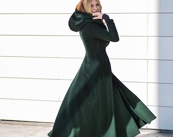 Green Hooded Wool Coat Women, Warm Wool Coat Women, Long