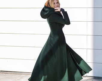 Hooded Wool Coat, Winter Coat, Princess Coat, Plus Size Winter Clothing, Long Coat, Dark Green Maxi Coat, Belt Coat, Elegant Coat for Women