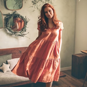 Rusty Orange Linen Dress, Summer Dress, Short Sleeve Dress, Midi Tiered Linen Dress, Bohemian Linen Clothing, Summer Linen Dress for Women