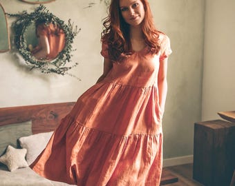 Rusty Orange Linen Dress, Midi Tiered Short Sleeve, Bohemian Clothing