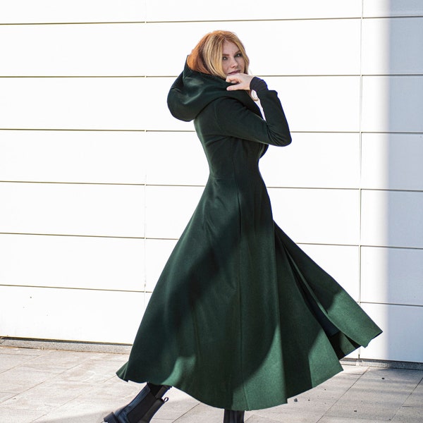 Hooded Wool Maxi Coat with Belt, Dark Green Princess Coat