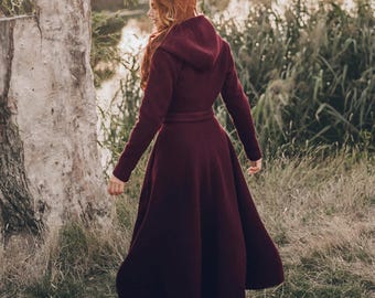Burgundy Wool Coat, Long Hooded Trench, Princess Swing Coat, Lining
