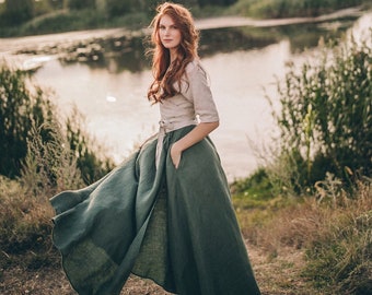 Heavy Weight Linen Skirt, Linen Wrap Skirt, Green Maxi Skirt, Long Linen Skirt, Spring Skirt, High Waist Skirt, 100% Linen Skirt, Boho Skirt
