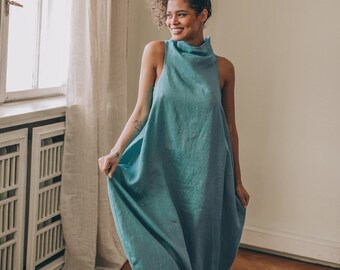 Maxi Linen Dress For Women, Natural Linen Dress, Linen Clothing, Blue Green Linen Dress, Linen Clothes, Bubble Linen Kaftan,Linen Maxi Dress