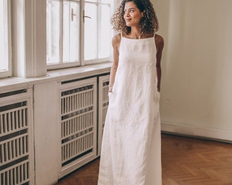 Vestido de lino blanco, vestido maxi de lino, vestido de lino simple, vestido de correa de espagueti de lino, ropa de talla grande, vestido de lino para mujeres, ropa de lino