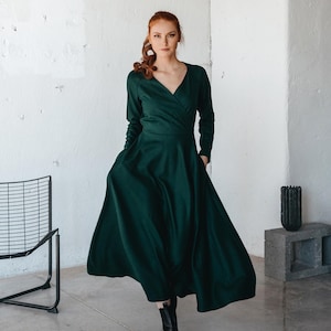 Dark Green Winter Dress for Women, Wool Wrap Dress, Elegant Wool Dress, Long Sleeve Maxi Dress, Formal Fall Dress, Wool Clothing, Midi Dress