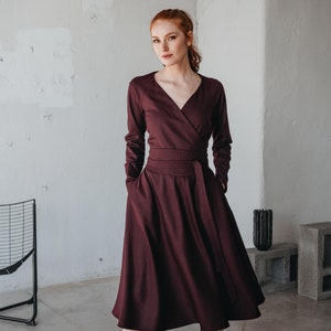 Burgundy Wool Dress with Obi Belt and Pockets, Classic Wool Dress for Women, Winter Midi Dress, Wool Clothing, Warm Winter Flare Dress