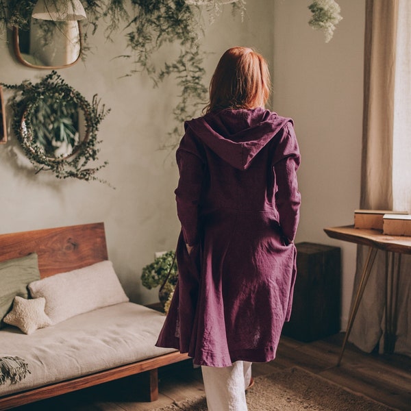 Manteau à capuche en lin épais avec poches, manteau d'été midi, manteau cardigan en lin, veste bohème en lin, manteau princesse en lin, vêtements pour femmes