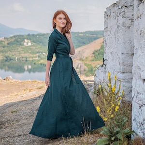 Deep Green Linen Dress with Tie Waist, Linen Wrap Dress, Washed Linen Maxi Dress, Linen Dress For Women, Belted Linen Dress, Spring Dress