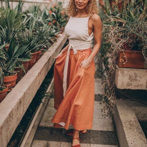 Linen Midi Skirt with Pockets in Rusty Orange, Elastic Waist Linen Skirt, Summer Linen Skirt for Women, Breezy Linen Skirt, Linen Clothing