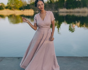 Robe longue en lin rose poudré, Robe d'été à manches courtes, Robe d'invitée de mariage grande taille, Robe longue en lin avec poches, Robe en lin classique