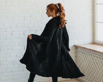 Cardigan in lana merino nera, cappotto lungo in maglia con cappuccio, cappotto in maglione