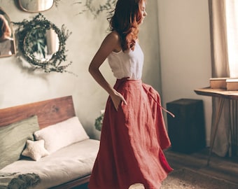 Falda envolvente de lino rojo marroquí con corbatas y bolsillos, falda midi de lino, falda de lino con cintura de corbata, falda Maxi Cottagecore, ropa de lino de verano