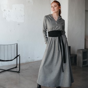 Wool Maxi Dress with Hood and Pockets, Winter Dress for Women, Wool Clothing, Fall Dress, Long Dress, Warm Casual Dress, Handmade Wool Dress