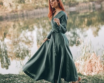 linen shift dress with obi Wrap Dress Obi Belt Style Linen Wrap Dress With Pockets Summer Wrap Dress  Linen Long Dress Waist Belt Wrap Dress Multiway Dress HAILEY