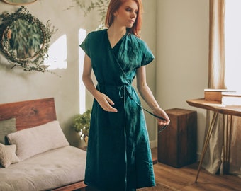 Linen Wrap Midi Dress, Deep Green Summer Dress